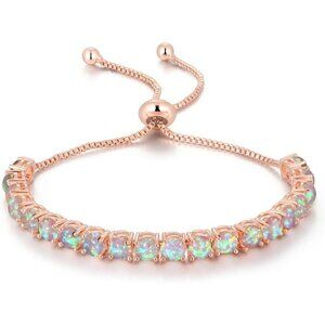 Women's Silver Plated Opal Tennis Adjustable Sterling Hook Clasp Bracelet